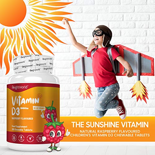 Vitamina D Niños - Comprimidos Masticables para Niños 1000 UI, 180 Comprimidos - Sin Azúcar, Suministro para 1 año, Apoyo Natural para el Sistema Inmunitario, Huesos y la Absorción de Calcio