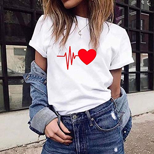 VJGOAL Moda Casual de Verano para Mujer Camiseta de Manga Corta con Cuello en O Impresión con electrocardiograma de Personalidad única Blusa clásica Superior(Small,Blanco1)