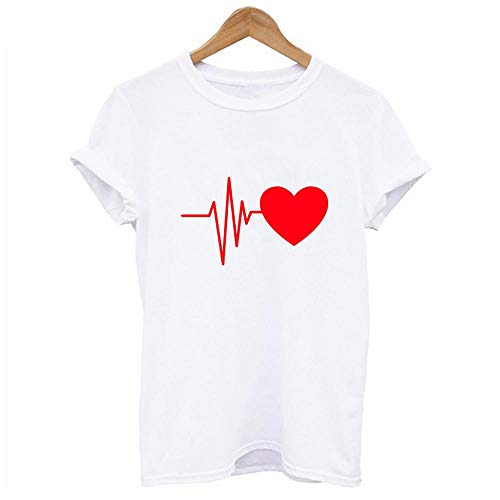 VJGOAL Moda Casual de Verano para Mujer Camiseta de Manga Corta con Cuello en O Impresión con electrocardiograma de Personalidad única Blusa clásica Superior(Small,Blanco1)