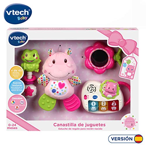 VTech - Canastilla de juguetes, estuche de regalo para bebé recién nacido que incluye peluche mordedor, sonajero, piano interactivo y espejo de seguridad, color rosa (80-522057)