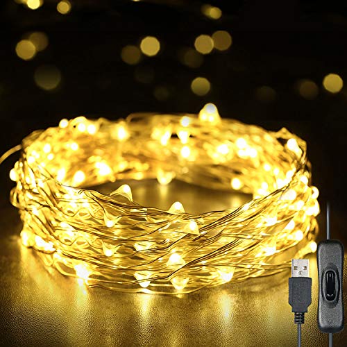 Weehey 12m 120 LED Luces de Hadas Luces de Cuerda USB IP65 Impermeable Alambre de Plata Blanco Cálido Decor del árbol de Navidad para Decoración de Fiestas Boda, Interior/Exterior…