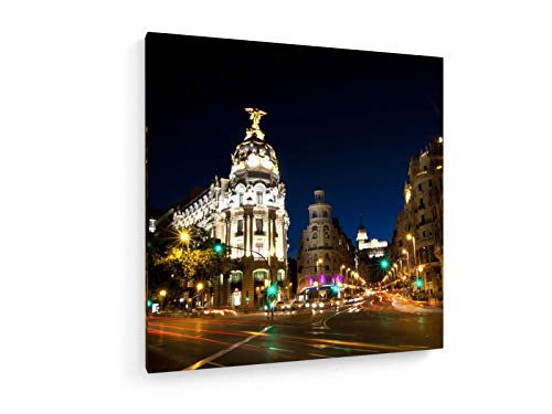 weewado Gran vía la Calle en Madrid, España en la Noche - 40x40 cm - Impresion en Lienzo - Muro de Arte - Canvas, Cuadro, Poster - City Trip & Travel