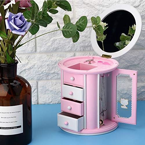 Weiyiroty Joyero Musical, Organizador de Joyas Redondo de Almacenamiento Rosa con Cajones ExtraíBles, Regalo para Amigos/NiñOs, Caja de MúSica de Espejo de Maquillaje para NiñAs