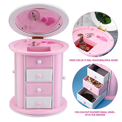 Weiyiroty Joyero Musical, Organizador de Joyas Redondo de Almacenamiento Rosa con Cajones ExtraíBles, Regalo para Amigos/NiñOs, Caja de MúSica de Espejo de Maquillaje para NiñAs