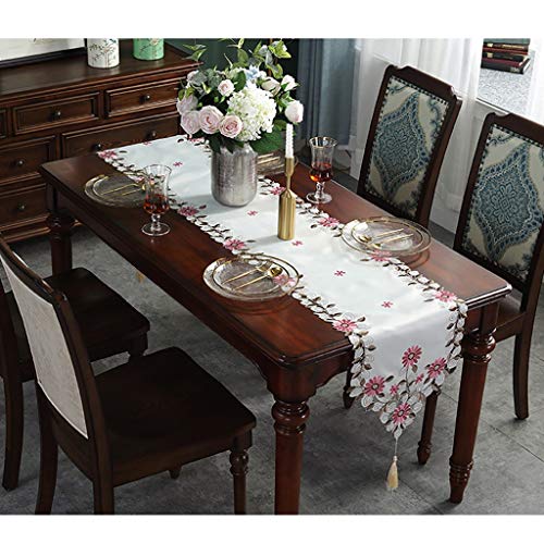 WENLI Table Runner Caminos De Mesa Rectangulares Bordado Camino De Mesa Flores Rústico Tabla Floral Corredor De La Tabla Blanca Pañito Bordado Rose Camino De Mesa con Borlas (Size : 140 * 200cm)