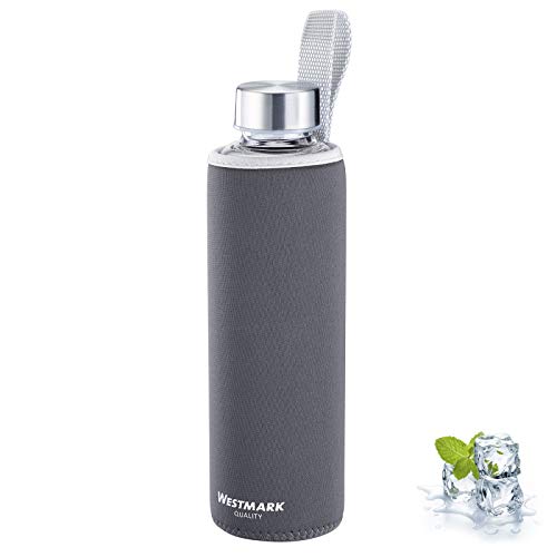 Westmark 5272226A - Botella de Cristal con impresión (Incluye Funda Protectora, 550 ml, Cristal/Silicona/Caucho, sin bisfenol A), Color Gris y Plateado