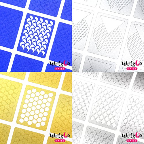 Whats Up Nails - Nail Vinyl Stencils Variety Pack 4pcs (Droplets, Art Deco, Honeycomb, Diamond Pattern) for Nail Art Design