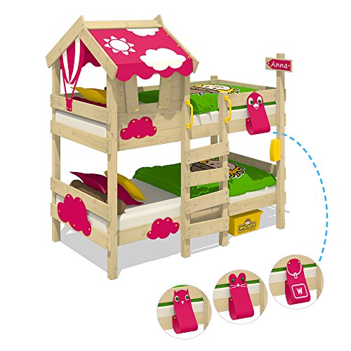 WICKEY Litera CrAzY Daisy Cama infantil Cama alta con techo, ventana, escalera y somier de madera, lona fucsia