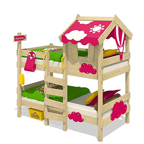 WICKEY Litera CrAzY Daisy Cama infantil Cama alta con techo, ventana, escalera y somier de madera, lona fucsia