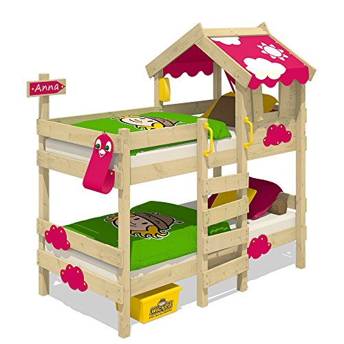 WICKEY Litera CrAzY Daisy Cama infantil Cama alta con techo, ventana, escalera y somier de madera, lona fucsia