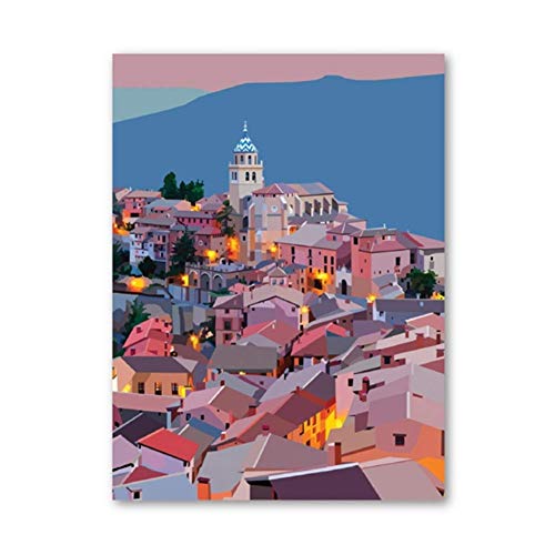 wzgsffs Póster de España, Impresiones artísticas de Pared, Ilustraciones Coloridas de Albarracín, Arte de Aragón Teruel, Pintura en Lienzo, decoración de Pared, 20X28 Pulgadas sin Marco