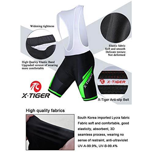 X-TIGER Hombres de Bicicleta con 5D Gel Acolchado MTB Ciclismo Tirantes Culotte Pantalones Cortos Culotes (XL, Verde Culotte Pantalones)