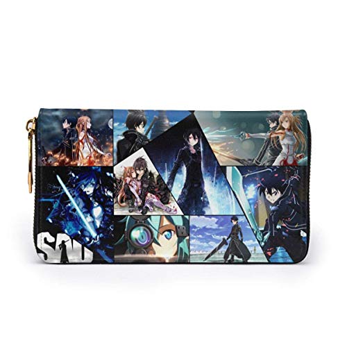 XCNGG Sword Art Online Cartera con bloqueo Carteras de cuero genuino Cartera con doble cremallera Organizador Bolso de mano Titular de la tarjeta de crédito Monedero de gran capacidad Bolso para teléf