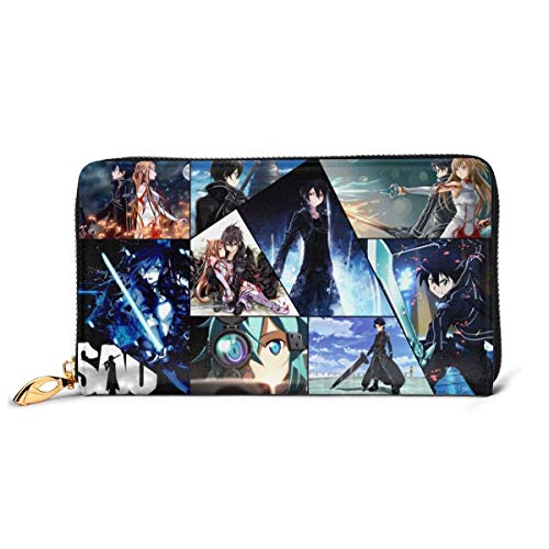 XCNGG Sword Art Online Cartera con bloqueo Carteras de cuero genuino Cartera con doble cremallera Organizador Bolso de mano Titular de la tarjeta de crédito Monedero de gran capacidad Bolso para teléf