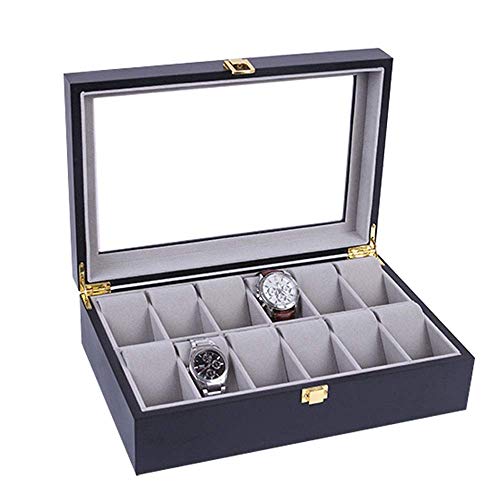 XHSBH Refinado y Elegante exhibición del Reloj Caja de la Caja, for Hombre de 12 Ranuras de Madera Titular Caja de Reloj Organizador Borre Top Reloj Pantalla Bandeja Hebilla de Metal Relojes de almac