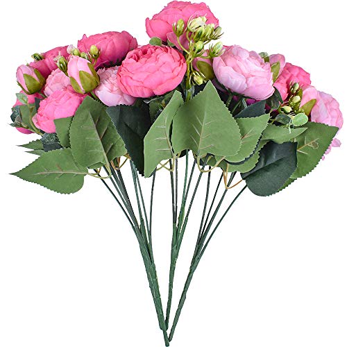 XONOR 4 Ramos de Flores de Seda de peonía Artificial Falsa Flor Gloriosa para el Banquete de Boda Nupcial decoración del hogar, 5 Tenedores, 9 Cabeza