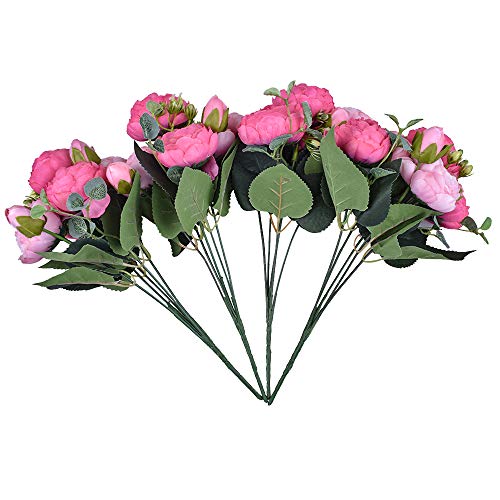 XONOR 4 Ramos de Flores de Seda de peonía Artificial Falsa Flor Gloriosa para el Banquete de Boda Nupcial decoración del hogar, 5 Tenedores, 9 Cabeza