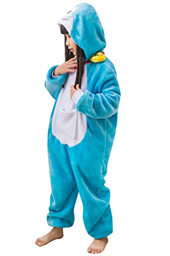 YAOMEI Niños Onesies Kigurumi Pijamas, Niña Traje Disfraz Capucha, Ropa de Dormir Halloween Cosplay Navidad Animales de Vestuario (120, Doraemon)