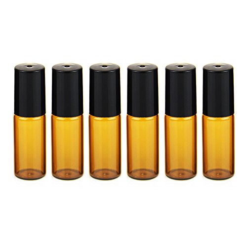 Yizhao Ambar Botellas Roll On Cristal para Aceites Esenciales 5ml, con Roll-on Bola de Acero Inoxidable, para Aceites Esenciales, Masajes, Aromaterapia, Botella de Laboratorio – 6 Pcs