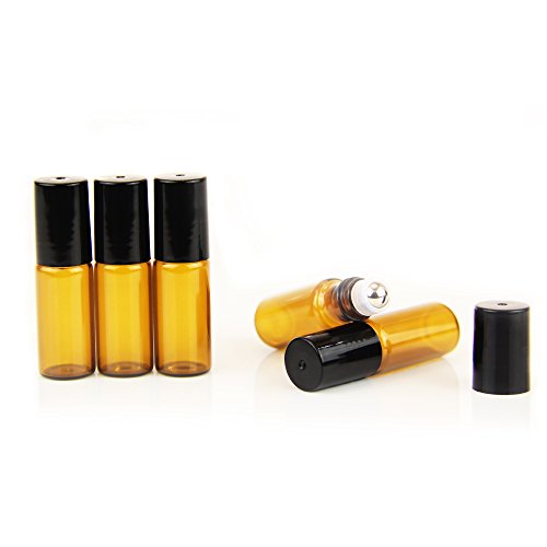 Yizhao Ambar Botellas Roll On Cristal para Aceites Esenciales 5ml, con Roll-on Bola de Acero Inoxidable, para Aceites Esenciales, Masajes, Aromaterapia, Botella de Laboratorio – 6 Pcs