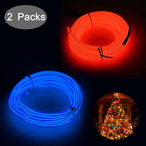 YuCool 2 Pack El Wire Kit Two Color 10ft Neon Glowing Strobing Luz electroluminiscente para la decoración de la fiesta de Navidad de Halloween Mejoras para el hogar - Rojo, Azul