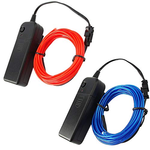 YuCool 2 Pack El Wire Kit Two Color 10ft Neon Glowing Strobing Luz electroluminiscente para la decoración de la fiesta de Navidad de Halloween Mejoras para el hogar - Rojo, Azul