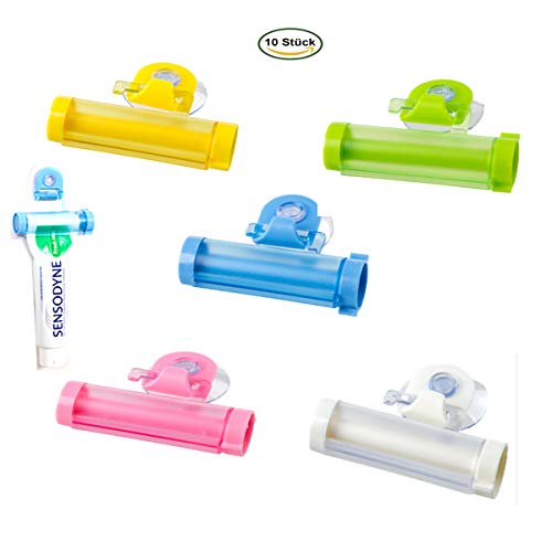 Yueser Exprimidor De Crema Dental, 10 Piezas Creativa Plástico Tubo Rodante Dispensador De Crema Dental Reutilizable Baño Sucker Titular de la suspensión Gadget(5 Colors)