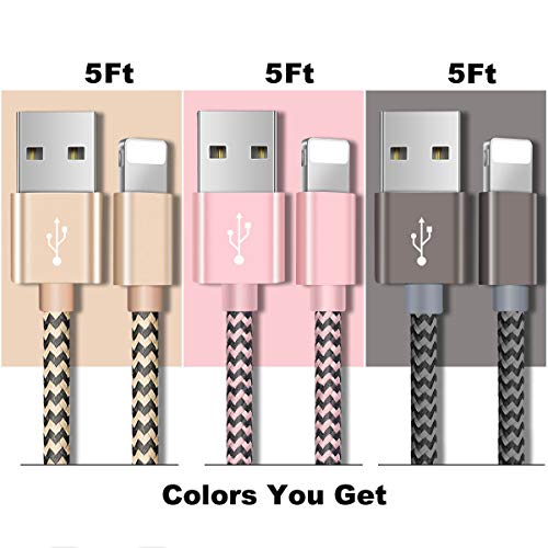 Zeuste Cable iPhone Cargador [3Pack 1.5M] USB Adaptador Compatible con iPhone XS/XR/X/8 Plus/8/7/6S/6+/6, Pad y más (Gris Dorado Rosa)