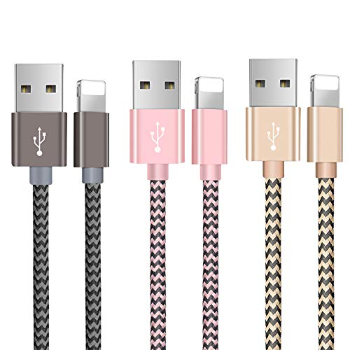 Zeuste Cable iPhone Cargador [3Pack 1.5M] USB Adaptador Compatible con iPhone XS/XR/X/8 Plus/8/7/6S/6+/6, Pad y más (Gris Dorado Rosa)