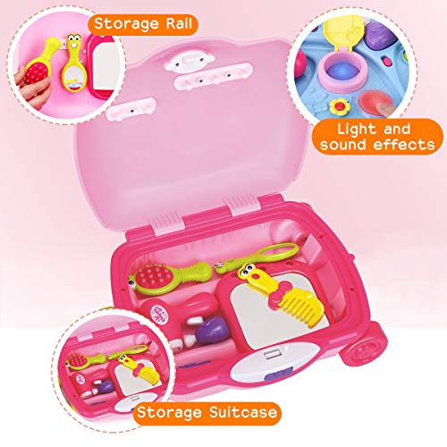 Zooawa Maleta con Juguetes de Peluquería, Juego de Cosmético Estuche de Maquillaje Set Imitación Maletín Corte de Pelo Salón de Belleza Moda Tocador Princesa Regalo para Niños de 3+ Años - Rosado