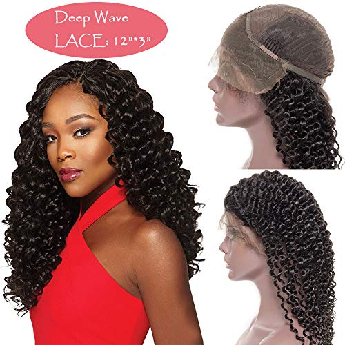 16"(40cm) Pelucas Mujer Pelo Natural Lace Front Wig Human Hair with Baby Hair Deep Wave 100% Remy Cabello Humano Brasileño 130% Densidad Largas Negras Rizadas Onduladas (170g,Negro Natural)