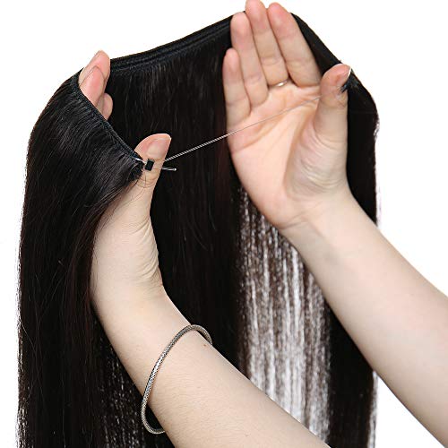 22"(55cm) Extensiones de Hilo Invisible Pelo Natural Sin Clip -#1B Negro Natural- 100% Remy Cabello Humano Liso Una Pieza (75g)