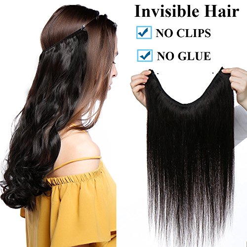 22"(55cm) Extensiones de Hilo Invisible Pelo Natural Sin Clip -#1B Negro Natural- 100% Remy Cabello Humano Liso Una Pieza (75g)