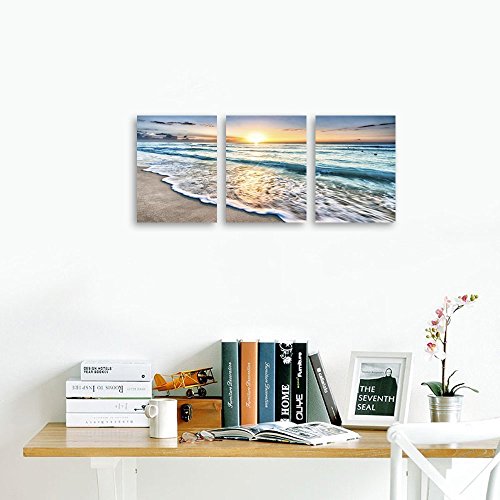 3 Panel Lienzo Arte de la pared para la decoración del hogar Mar Azul Puesta de sol Pintura de la imagen de la playa en la playa Paisaje marino Listo para colgar 12x16pulgadasx3 enmarcado