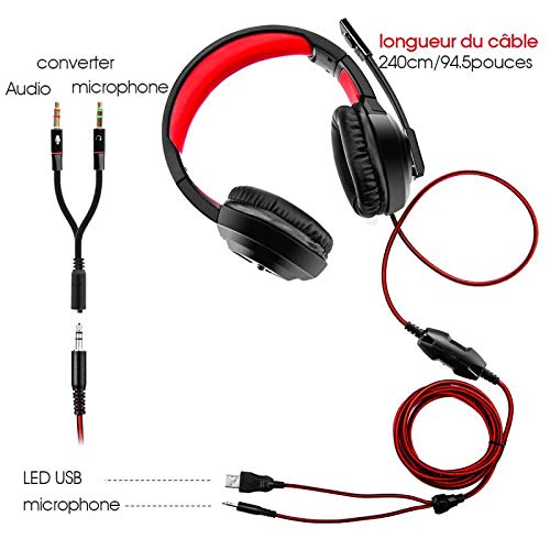 3I Dn. Auriculares Gaming Estéreo Cascos Gaming Adjustables con LED y Micrófono Omnidireccional Reduccón de Ruido para PC, PS4, Nintendo Switch,Tableta y Móvil Color Rojo