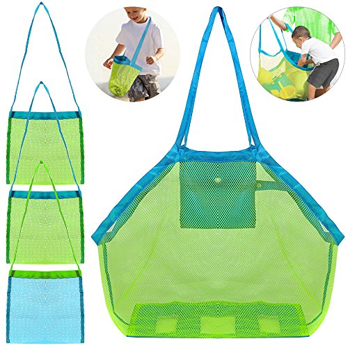 4 Pack Beach Mesh Bolsa de Tela, FineGood Arena Juguetes Shell Reutilizable Bolsa de Almacenamiento Ligero Plegable para Los Niños las Mujeres Hombres - Verde