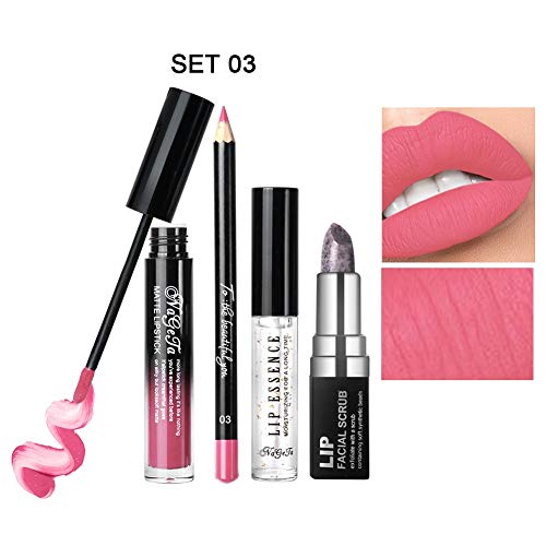 4pcs Kits De Cosméticos De Labios 12 Colores Brillo De Labios Delineador De Labios Crema Exfoliante Líquido Esencia De Labios(03)