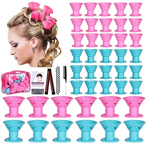 60pcs Magic Hair Rollers de silicona sin clip Rizadores de silicona Accesorios para herramientas de estilo de cabello profesional, sin rulos de silicona de calor (30Pink + 30Blue)