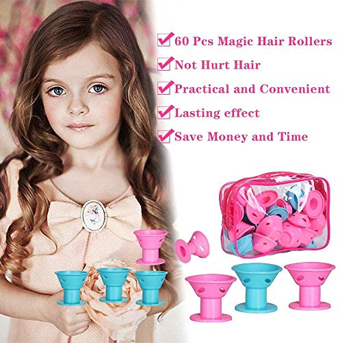 60pcs Magic Hair Rollers de silicona sin clip Rizadores de silicona Accesorios para herramientas de estilo de cabello profesional, sin rulos de silicona de calor (30Pink + 30Blue)