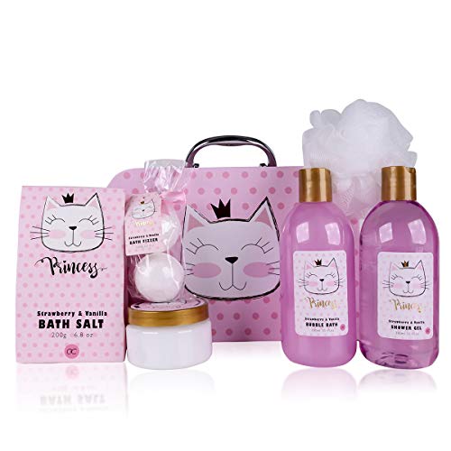 Accentra Princess Kitty - Set de baño y ducha para mujeres y niñas, con aroma a fresa y vainilla, 7 piezas en estuche de papel