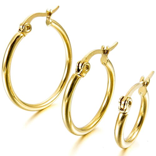 Acero Inoxidable Pendientes Conjunto - SODIAL(R)3 pares 15mm 20mm 25mm Acero Inoxidable Aro Hoop Huggie Pendientes Conjunto Mujer Oro