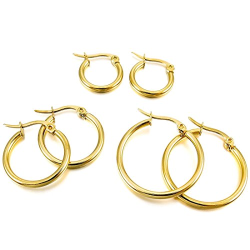 Acero Inoxidable Pendientes Conjunto - SODIAL(R)3 pares 15mm 20mm 25mm Acero Inoxidable Aro Hoop Huggie Pendientes Conjunto Mujer Oro