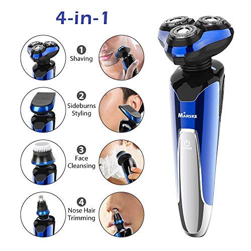 Afeitadora Eléctrica Hombre, Maquina Afeitar Barba Rotativa inalámbrica Impermeable 4 en 1 Uso Seco y Húmedo, Cabezales Giratorios 4D, LED Indicador, Cepillo Facial, Recortador Barba, Patilla, Nariz