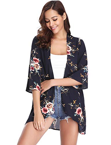 Aibrou Mujeres gasas Chal Flojo, Estampado Kimono Cardigan Top Cover Up Blusa Beachwear(Armada S)