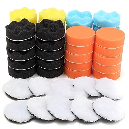 ALLOMN 22 PCS Almohadillas de Pulido, Kit de Almohadilla de Pulido de 3 Pulgadas Almohadillas de Pulido Encerado con 16 PCS Sponge Pad, 2 de Lana Blanca, 2 Ventosas, 2 Adaptadores de Rosca M10