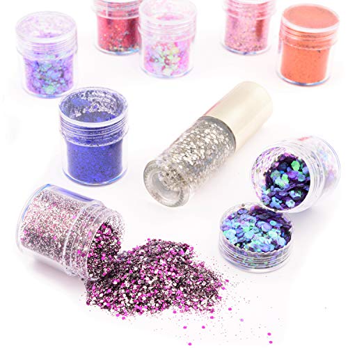 Allwon Body Glitter Festival de cosméticos Chunky Glitter Lentejuelas Escamas iridiscentes Destellos para el Arte de uñas de Cara, Cuerpo y Cabello, 12 Colores