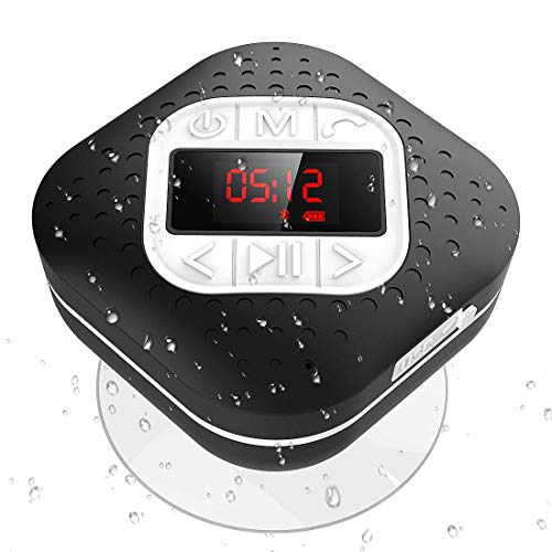 Altavoz Bluetooth Ducha Impermeable con Ventosa Extraíble, AGPTEK Radio Ducha Portátil con Pantalla Funciones de Radio FM, Manos Libre, Microfono, Reloj ect, Negro