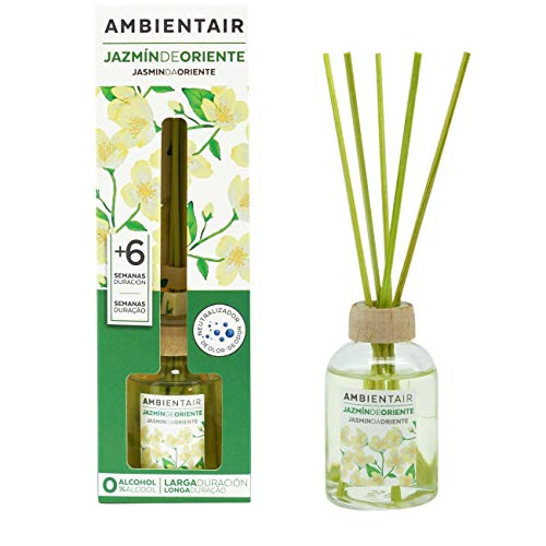 Ambientair. Difusor de Varillas perfumadas. Ambientador Mikado Jazmín de Oriente, difusor con palitos de ratán. El Mejor ambientador sin Alcohol para casa. Ambientador para la Cocina y baño.