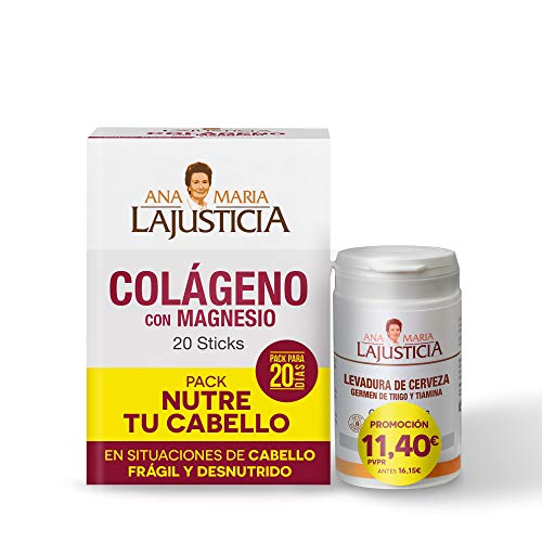 Ana Maria Lajusticia – Pack NUTRE TU CABELLO – Colágeno con Magnesio y Levadura de cerveza con germen de trigo y tiamina. Aportar los nutrientes que tu cabello necesita para mantenerse fuerte y sano.