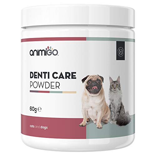 Animigo Polvos Cuidado Dental para Perros y Gatos | Suplemento Polvo para Higiene Bucal de Mascotas | Cuida Dientes, Encías y Refresca el Aliento | con Algas Marinas, Hierbabuena y Granada | 60gr